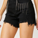 Frayed Hem Denim Shorts with Fringe Detail Pockets