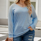 Curvy Line- Sheer Striped Sleeve V-Neck Top