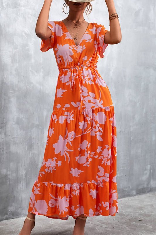 Floral Buttoned Drawstring Waist Tiered Maxi Dress