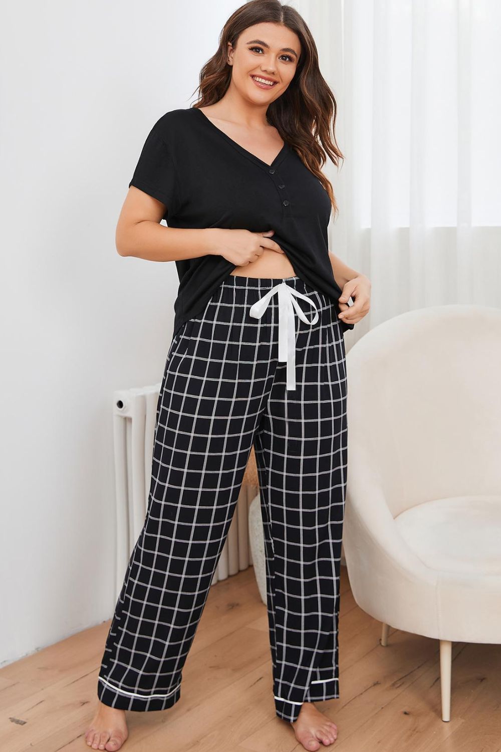 Curvy Line- V-Neck Top and Plaid Pants Lounge Set