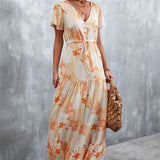 Floral Buttoned Drawstring Waist Tiered Maxi Dress