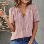 Swiss Dot Lace Trim Plunge Blouse