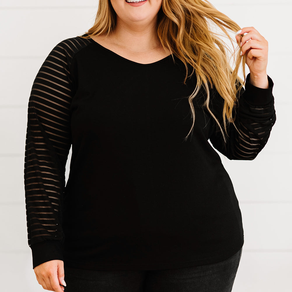 Curvy Line- Sheer Striped Sleeve V-Neck Top