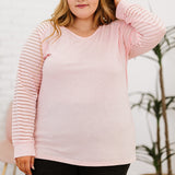 Curvy Line- Sheer Striped Sleeve V-Neck Top