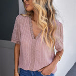 Swiss Dot Lace Trim Plunge Blouse