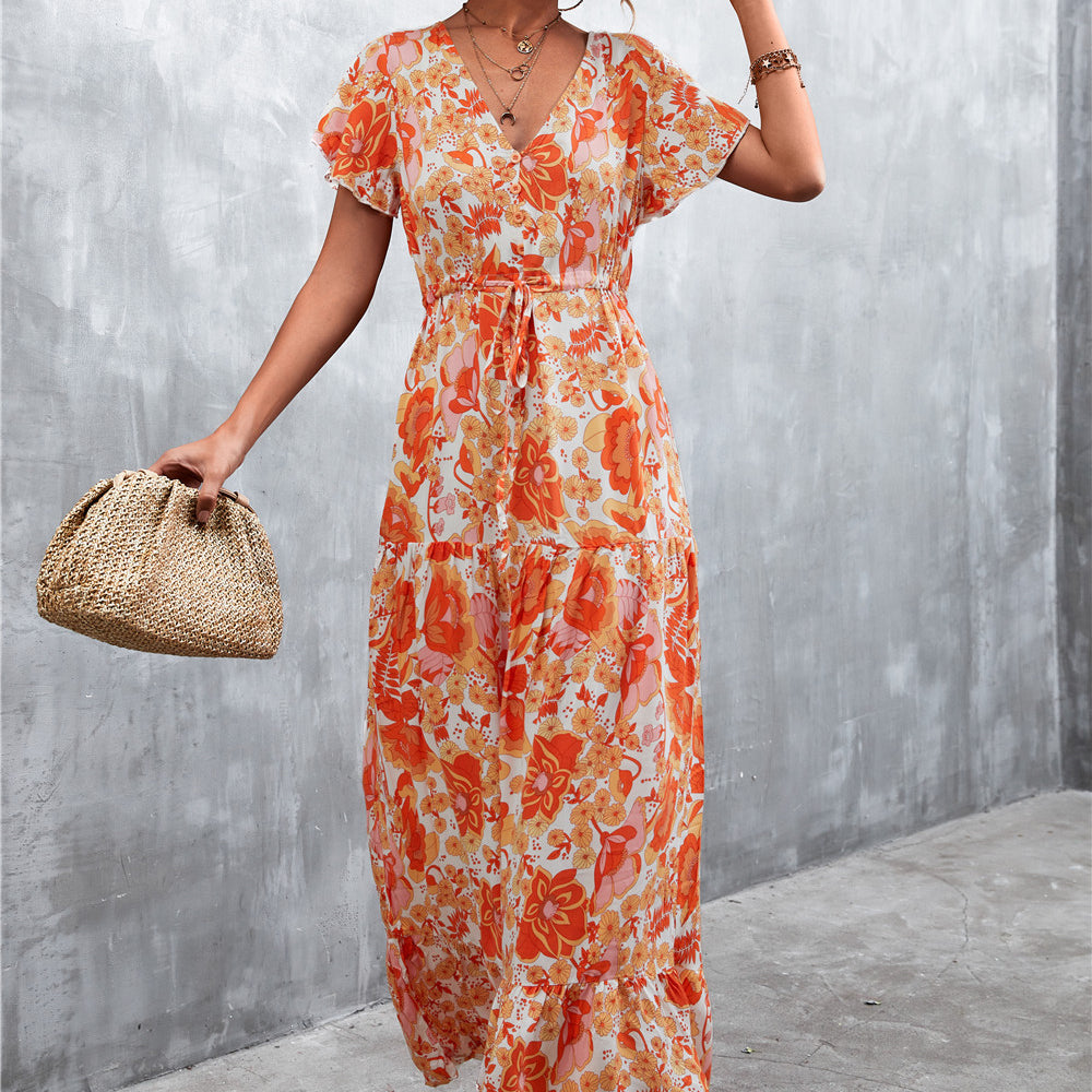 Floral Buttoned Drawstring Waist Tiered Maxi Dress