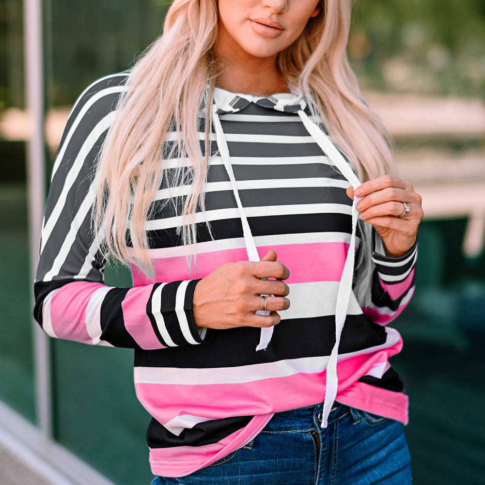 Striped Drawstring Detail Long Sleeve Hoodie