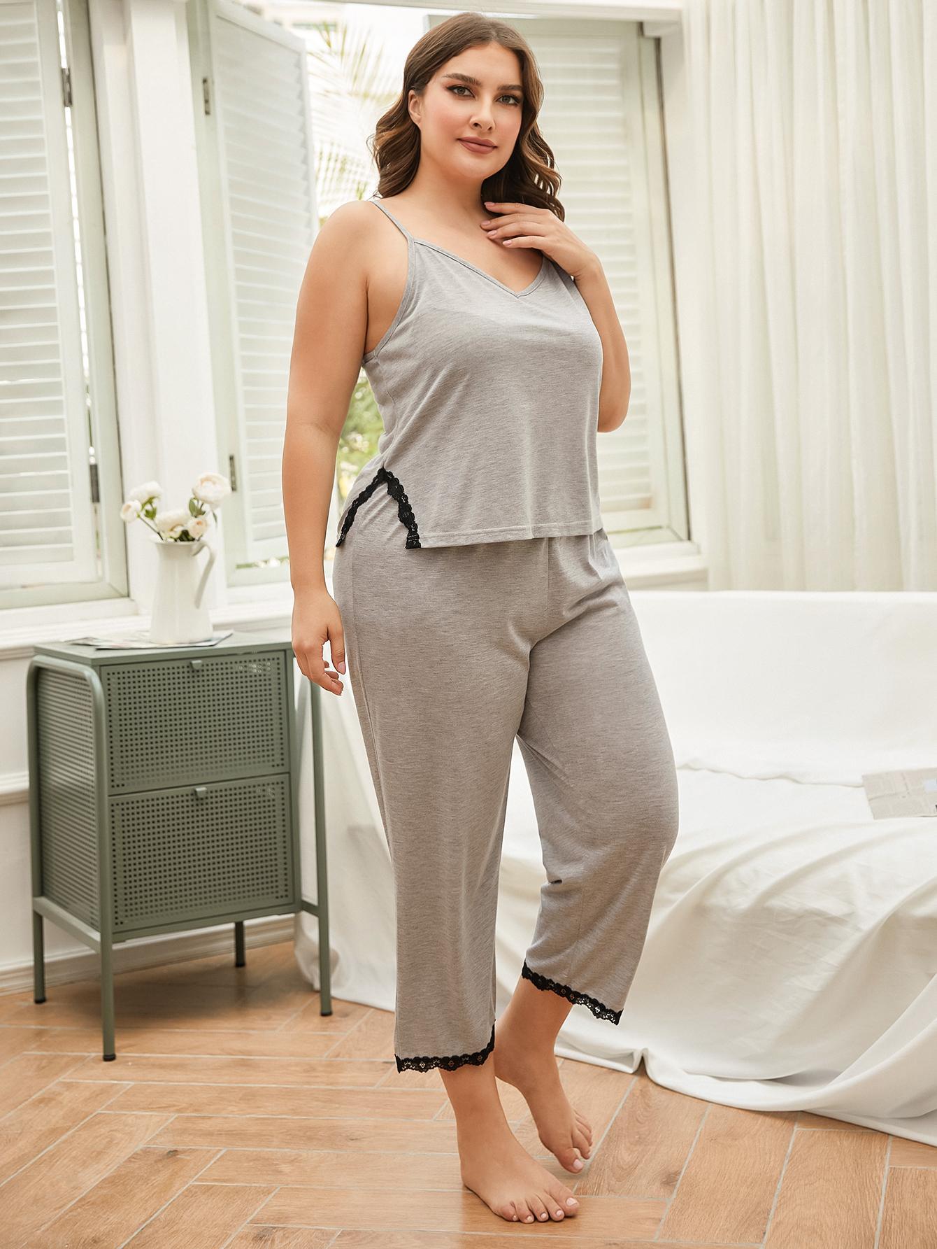 Curve Line- Lace Trim Slit Cami and Pants Pajama Set