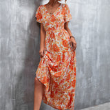 Floral Buttoned Drawstring Waist Tiered Maxi Dress