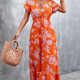 Floral Buttoned Drawstring Waist Tiered Maxi Dress