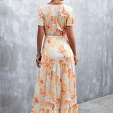 Floral Buttoned Drawstring Waist Tiered Maxi Dress