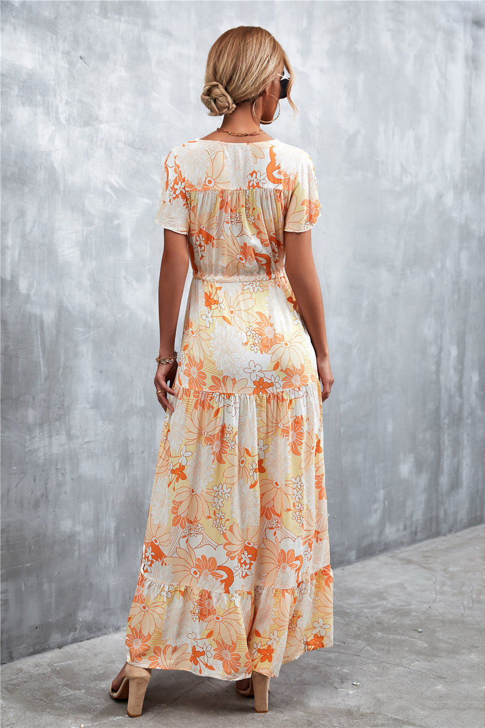 Floral Buttoned Drawstring Waist Tiered Maxi Dress