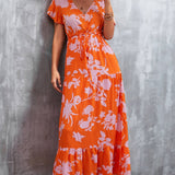 Floral Buttoned Drawstring Waist Tiered Maxi Dress