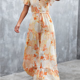 Floral Buttoned Drawstring Waist Tiered Maxi Dress