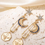 Inlaid Rhinestone Moon and Star Drop Earrings