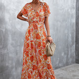 Floral Buttoned Drawstring Waist Tiered Maxi Dress