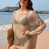 Backless Boat Neck Long Sleeve Swimsuit Cover Up
