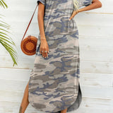 Printed V-Neck Curved Hem Dress