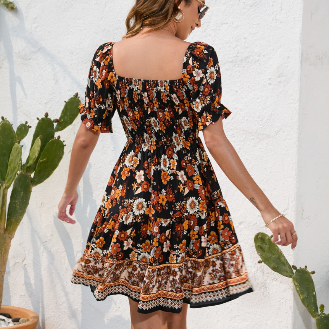 Floral Print Square Neck Short Sleeve Dress