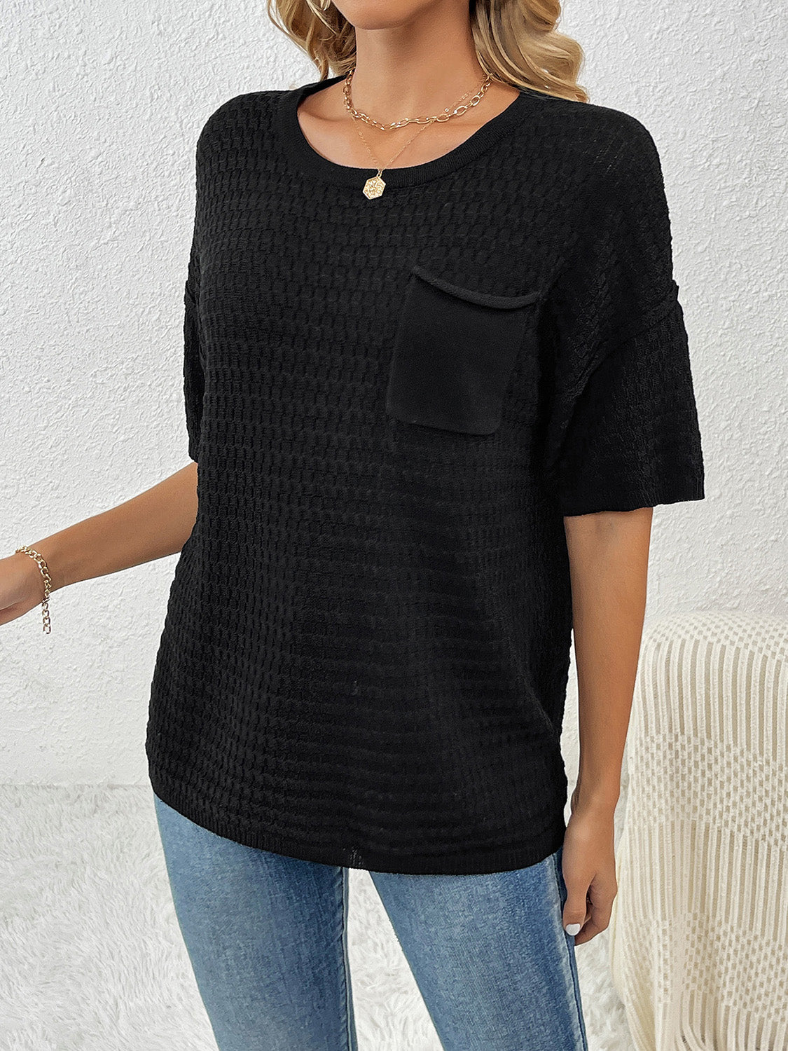 Black Short Sleeve Knit Top
