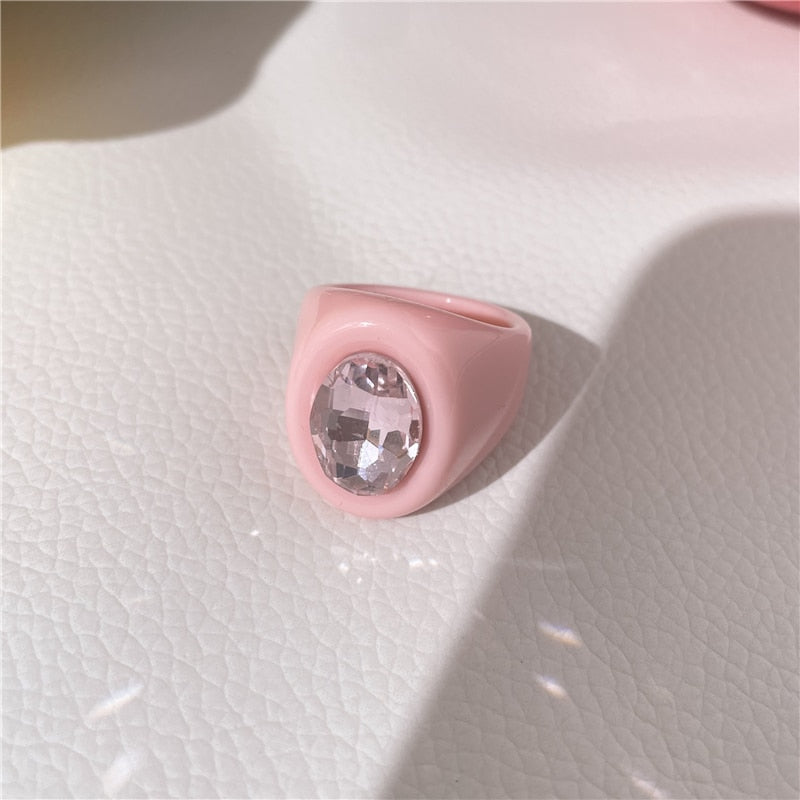 HUANZHI 2021 New Alloy Drop Oil Eye Patch Resin Acrylic Gradient Colorful Geometric Square Rings for Women Girls Jewelry Gifts