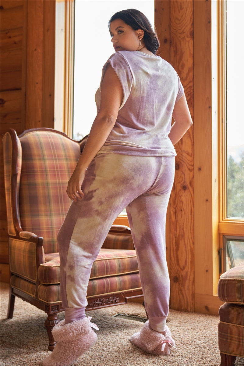 Curvy Line- Lavender Tie-dye Dropped Armhole Relaxed Top & High Waist Jogger Pants Two-piece Set