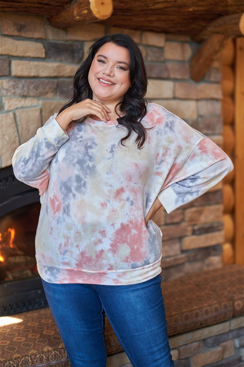 Curvy Line- Multi Tie-dye Crew Neck Long Bat Sleeve Dropped Shoulders Sweatshirt
