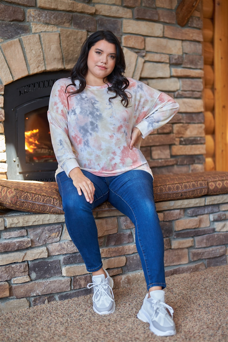 Curvy Line- Multi Tie-dye Crew Neck Long Bat Sleeve Dropped Shoulders Sweatshirt