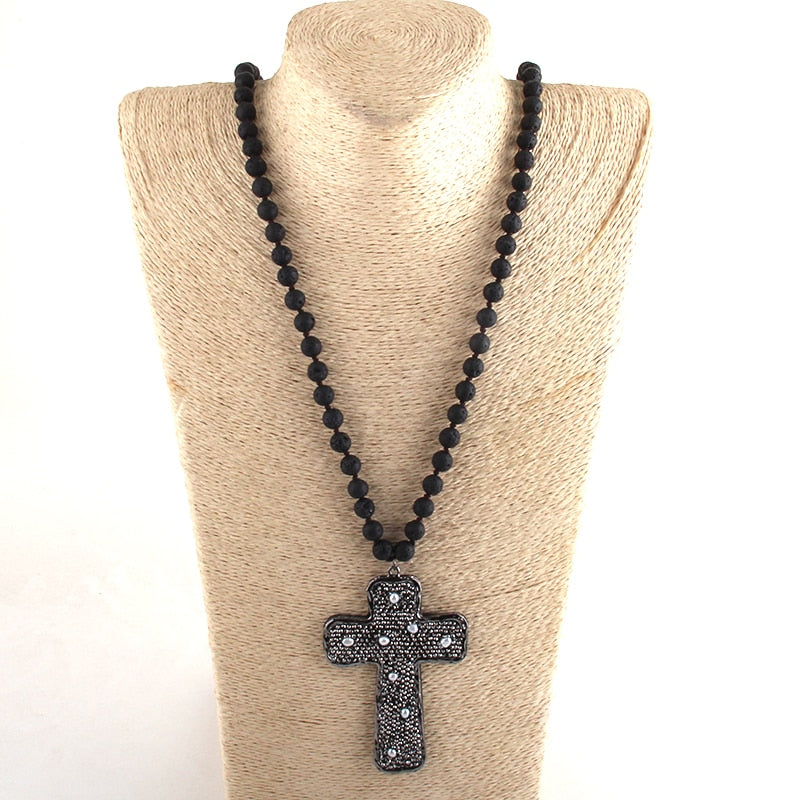 Fashion Bohemian Tribal Jewelry Lava Stone Long Knotted Paved Pearl decoration Cross Necklaces