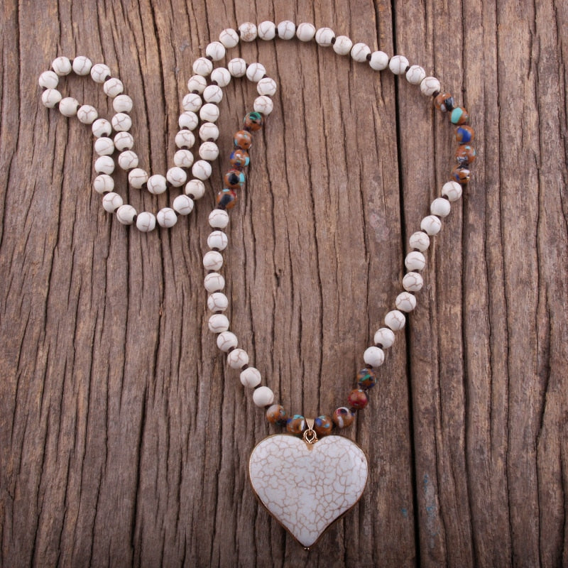 RH Fashion Bohemian Jewelry Accessory 8mm Blue Stones Knotted With Stone Heart Pendant Necklaces For Women Boho Necklace