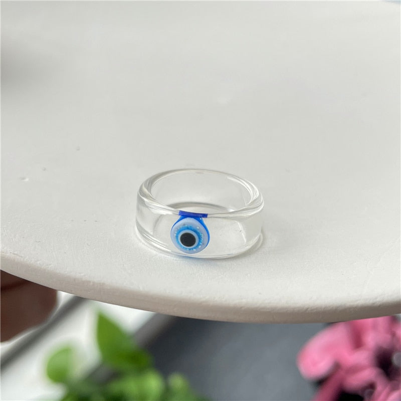 HUANZHI 2021 New Summer Korean Devil&#39;s Eye Blue Transparent Resin Round Rings  for Women Girls Party Jewelry Gifts