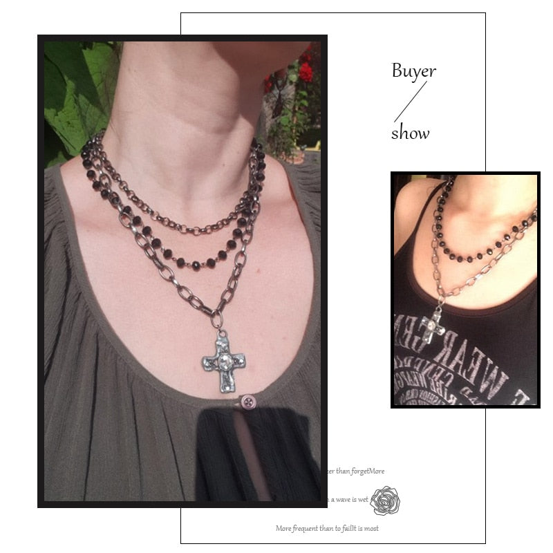 Fashion Bohemian Tribal Jewelry 3 Layer Multiple Black Glass Crystal Rosary Link &amp; Chain Cross Pendant Necklaces