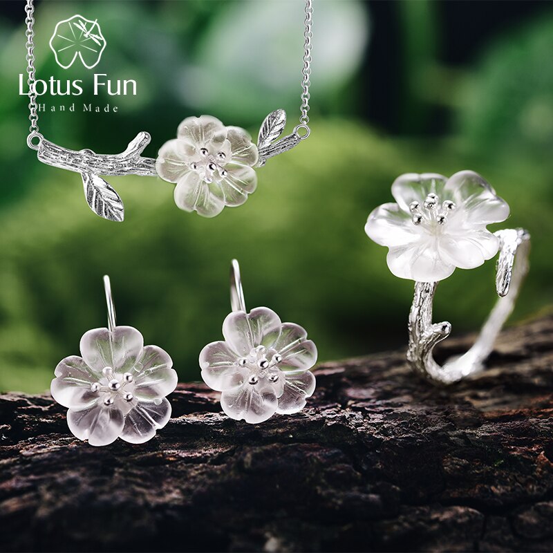 Lotus Fun Real 925 Sterling Silver Handmade Fine Jewelry Flower in the Rain Jewelry Set with Ring Drop Earring Pendant Necklace