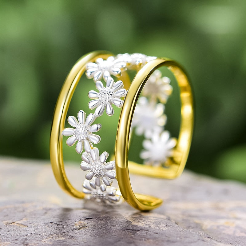 Lotus Fun Elegant Little Daisy Flower Adjustable Rings for Women Real 925 Sterling Silver Luxury 18K Gold Jewelry 2022 Trend New