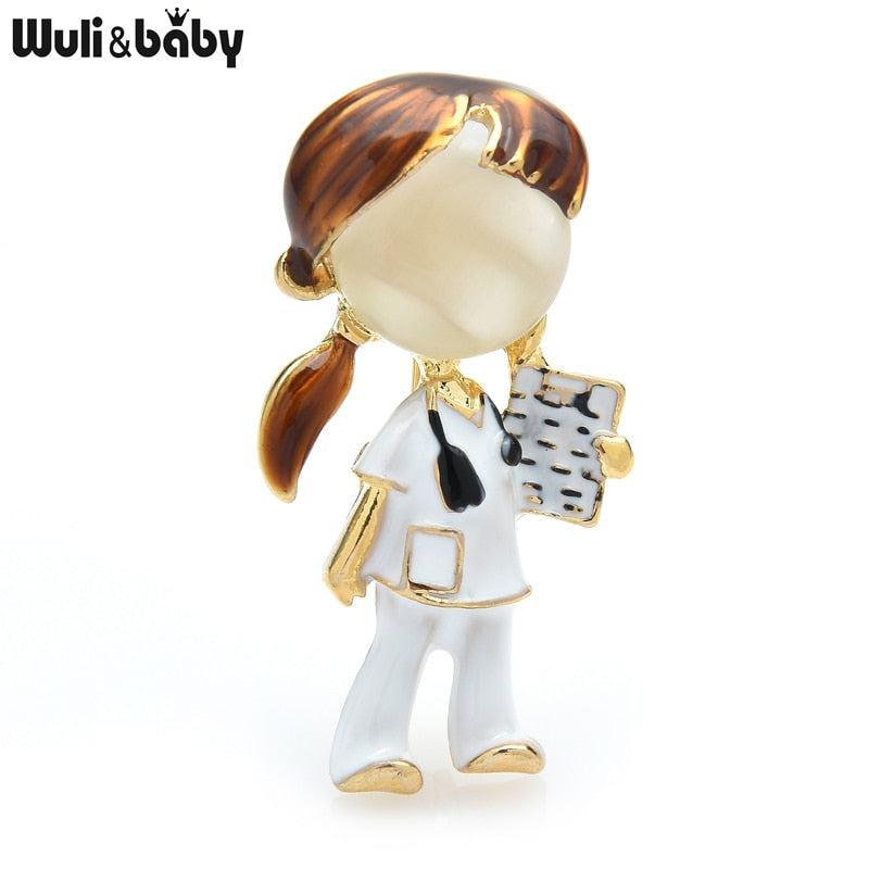 Wuli&amp;baby Black Brown Hair Doctor Nurse Brooches For Women Unisex Enamel Hospital Figure Party Office Brooch Pin Gifts