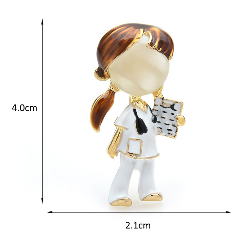 Wuli&amp;baby Black Brown Hair Doctor Nurse Brooches For Women Unisex Enamel Hospital Figure Party Office Brooch Pin Gifts