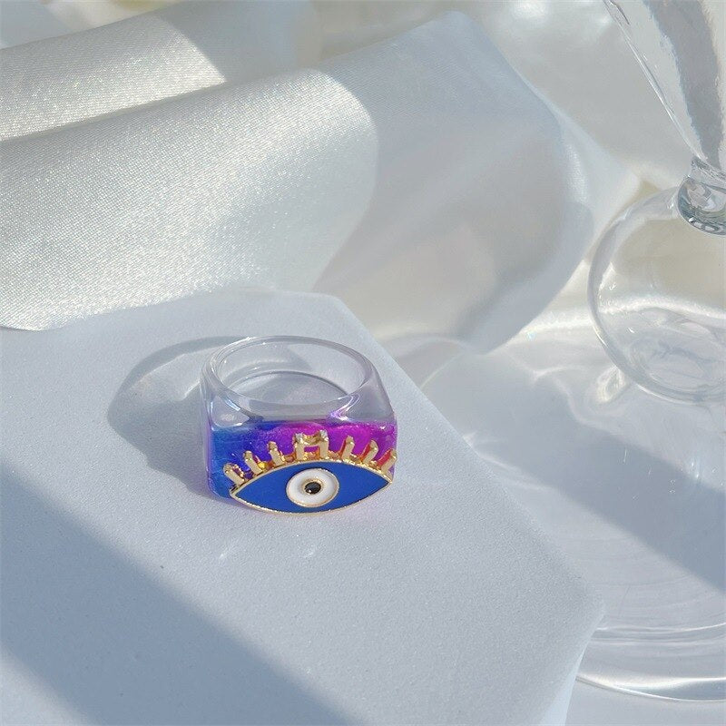 HUANZHI 2021 New Alloy Drop Oil Eye Patch Resin Acrylic Gradient Colorful Geometric Square Rings for Women Girls Jewelry Gifts