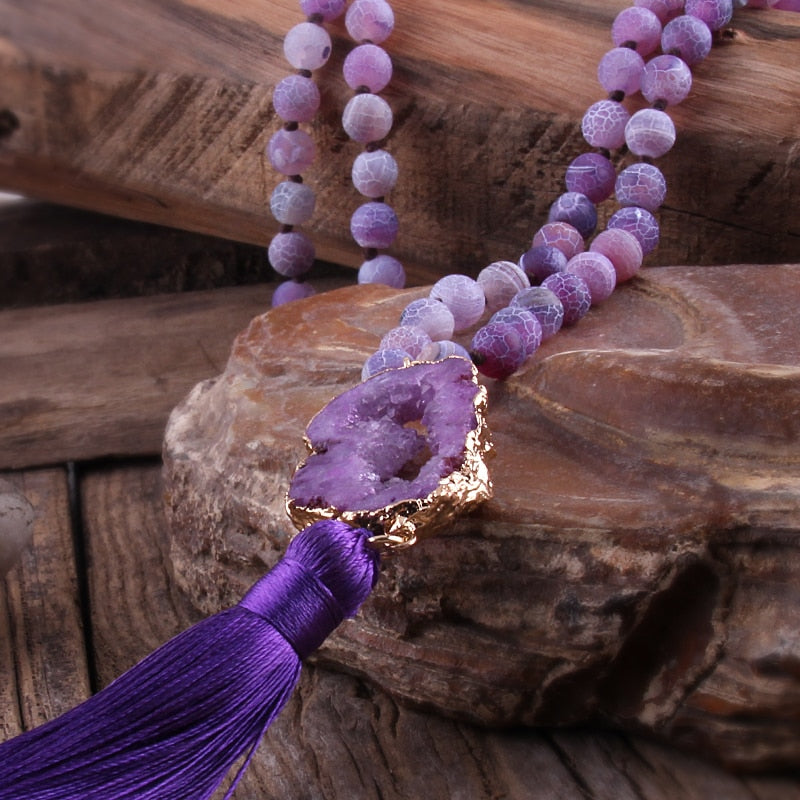 Semi-Precious Stone Knotted Tassel Necklace