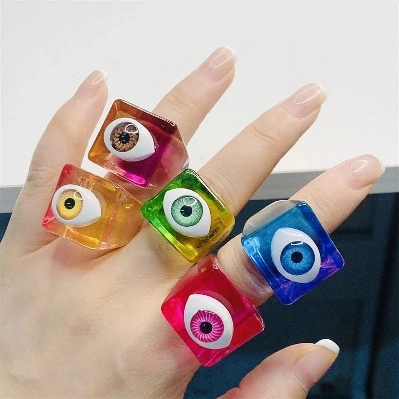 HUANZHI 2021 New Summer Korean Devil&#39;s Eye Blue Transparent Resin Round Rings  for Women Girls Party Jewelry Gifts