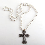 Long Knotted Metal Cross Pendant Necklace