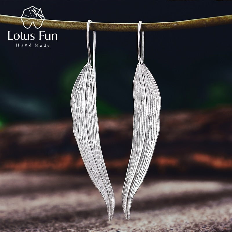 Lotus Fun Real 925 Sterling Silver Natural Original Handmade Fine Jewelry Long Leaves Fashion Dangle Earrings for Women Brincos