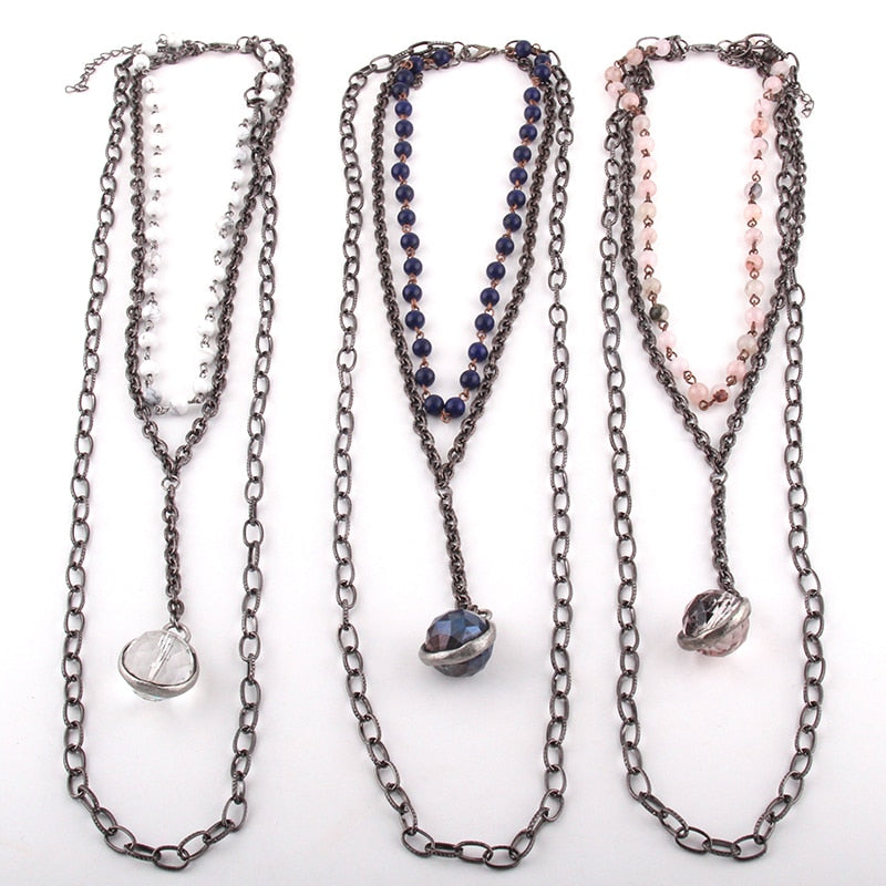 Bohemian Tribal 3 Layer Multiple Stone Ball Pendant Necklaces