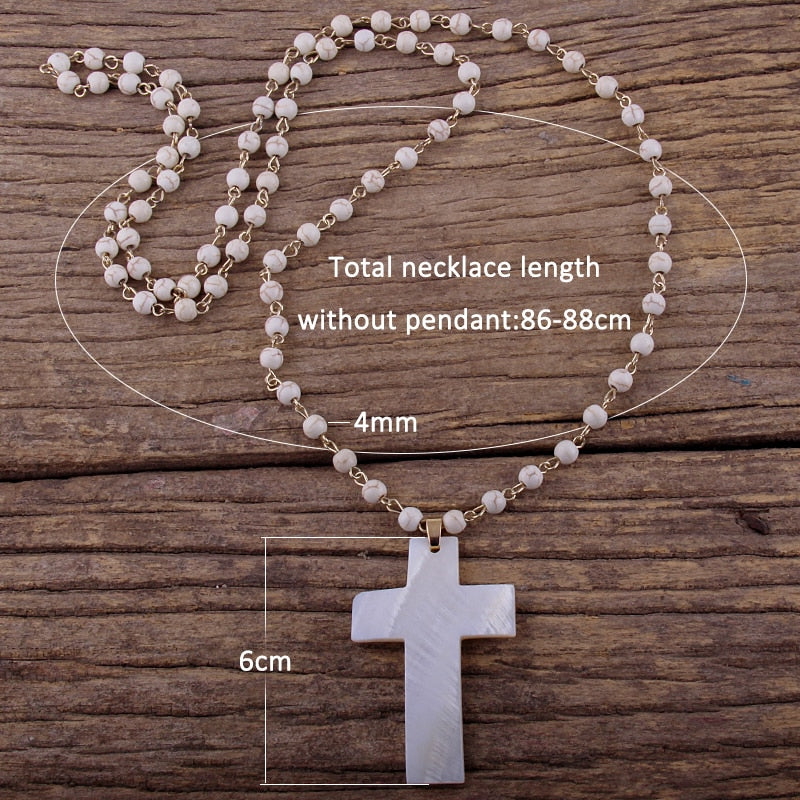 Fashion Bohemian Tribal Jewelry 6mm White Stone Rosary Chain Shell Pendant Necklaces For Women Ethnic Necklace