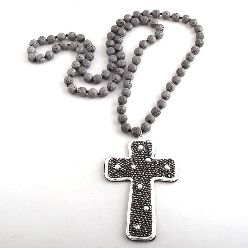 Fashion Bohemian Tribal Jewelry Lava Stone Long Knotted Paved Pearl decoration Cross Necklaces