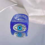HUANZHI 2021 New Summer Korean Devil&#39;s Eye Blue Transparent Resin Round Rings  for Women Girls Party Jewelry Gifts