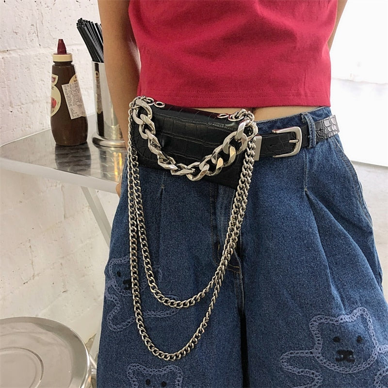 Fashion Mini Chains Waist Bags for Women Fanny Packs for Cool Girls Luxury Pu Leather Shoulder Crossbody Bag Belts Chest Purses