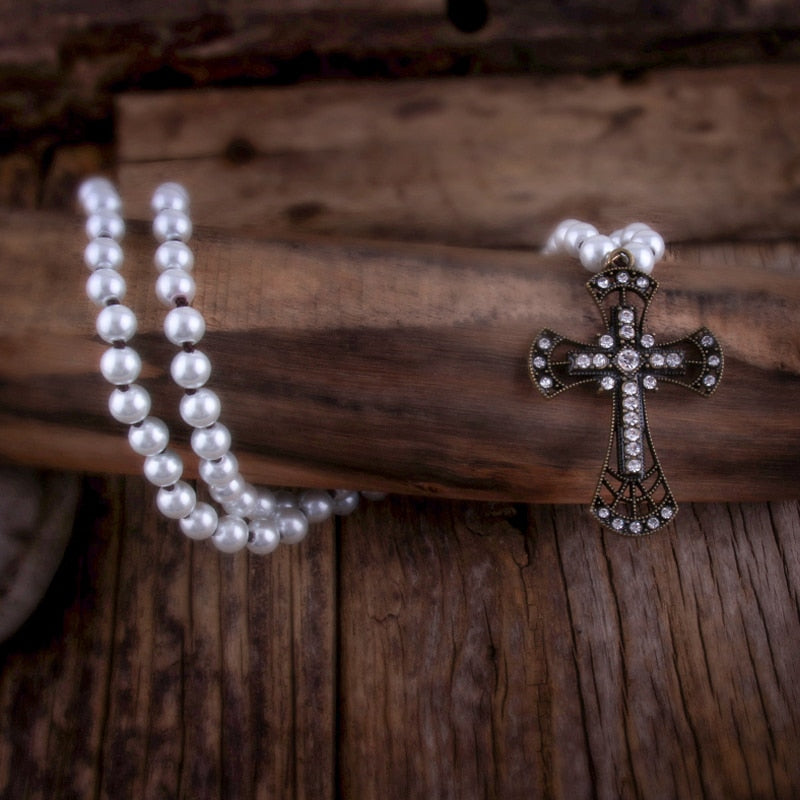Long Knotted Metal Cross Pendant Necklace