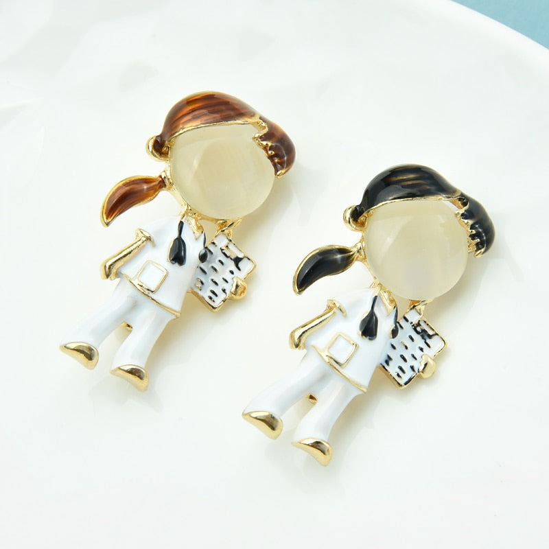 Wuli&amp;baby Black Brown Hair Doctor Nurse Brooches For Women Unisex Enamel Hospital Figure Party Office Brooch Pin Gifts