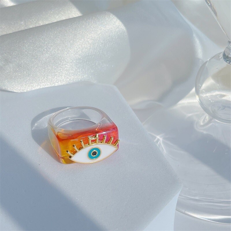 HUANZHI 2021 New Summer Korean Devil&#39;s Eye Blue Transparent Resin Round Rings  for Women Girls Party Jewelry Gifts