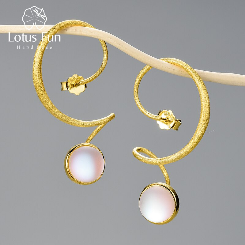 Lotus Fun Moonstone Unusual Large Design Dangle Fashion Earrings With Stone For Women Real 925 Sterling Silver Statement Jewelry
